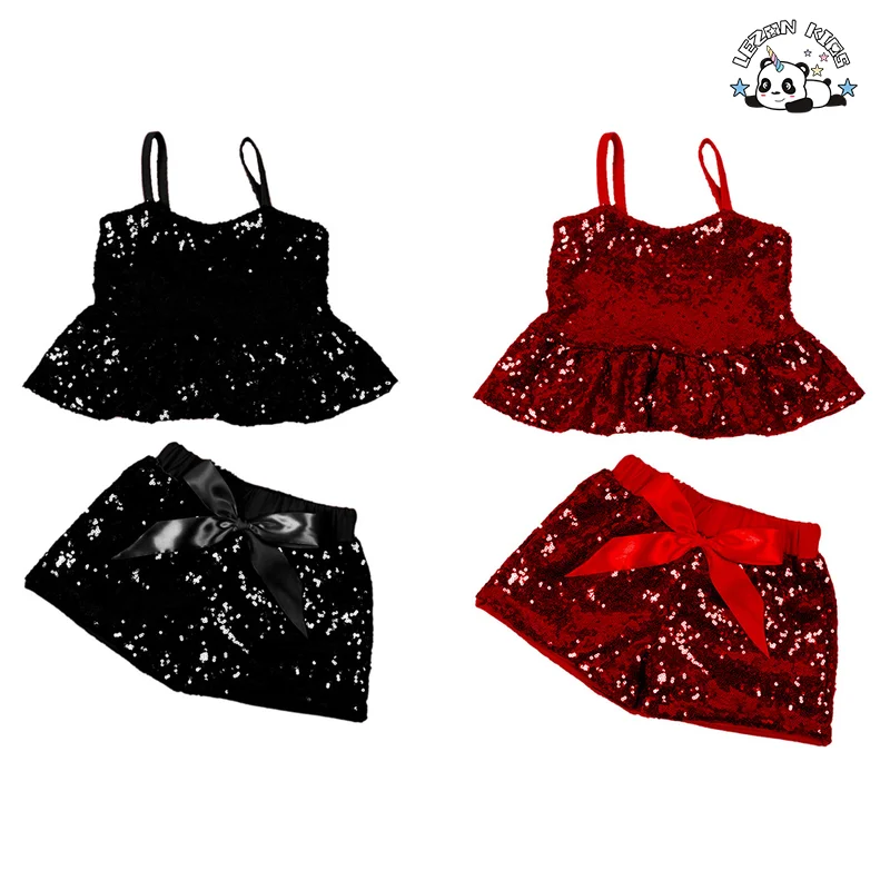 LEZONKIDS - Custom Logo Summer Girls Casual Cotton Suspender Vest Sequins Top Shorts Suit